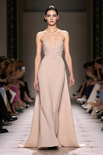 Champagne Satin Strapless Ruched Maxi Formal Dress